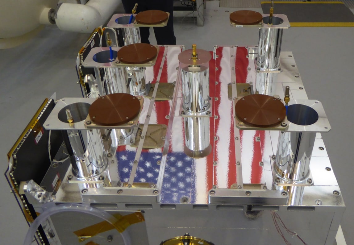 American flag reflected off the OTB-1 satellite