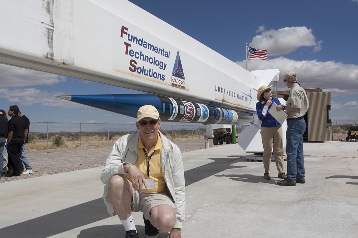 A Celestis family member on the launch pad tour at Spaceport America