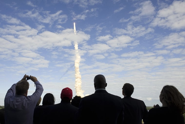 Specators watching a launch at NASA Kennedy Space Center, Florida