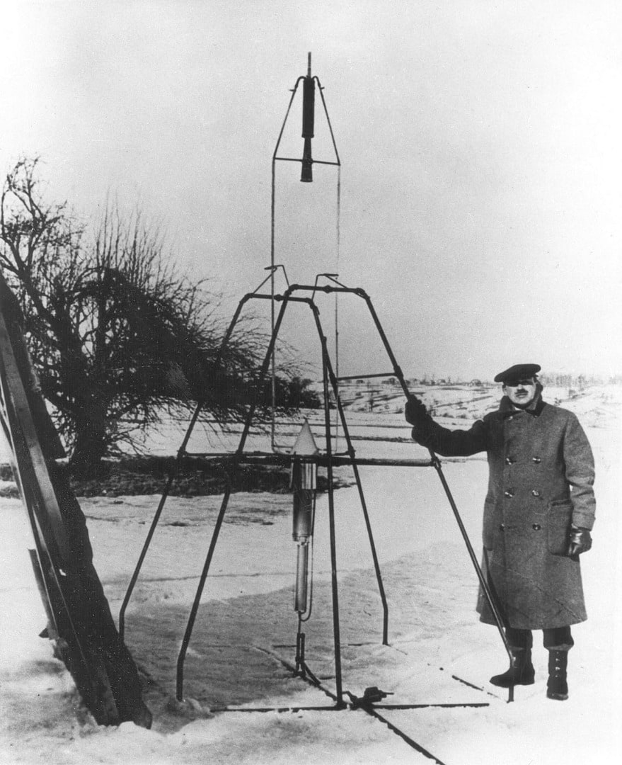 Goddard next to his liquid-fueled rocket, 1926